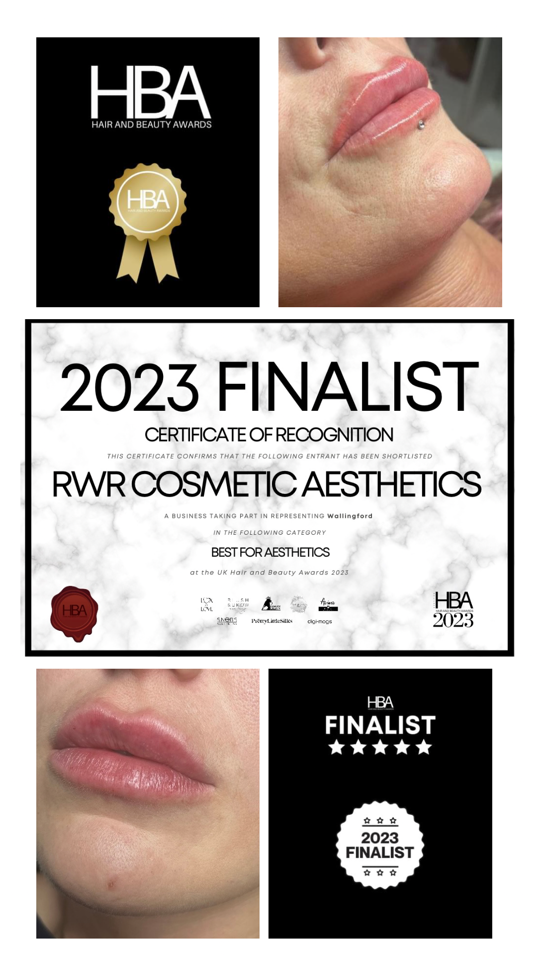 HBA collage: a gold rosette, a lip result, the 2023 Finalist certificate of recognition for RWR Cosmetic Aesthetics in Best for Aesthetics, and a finalist badge